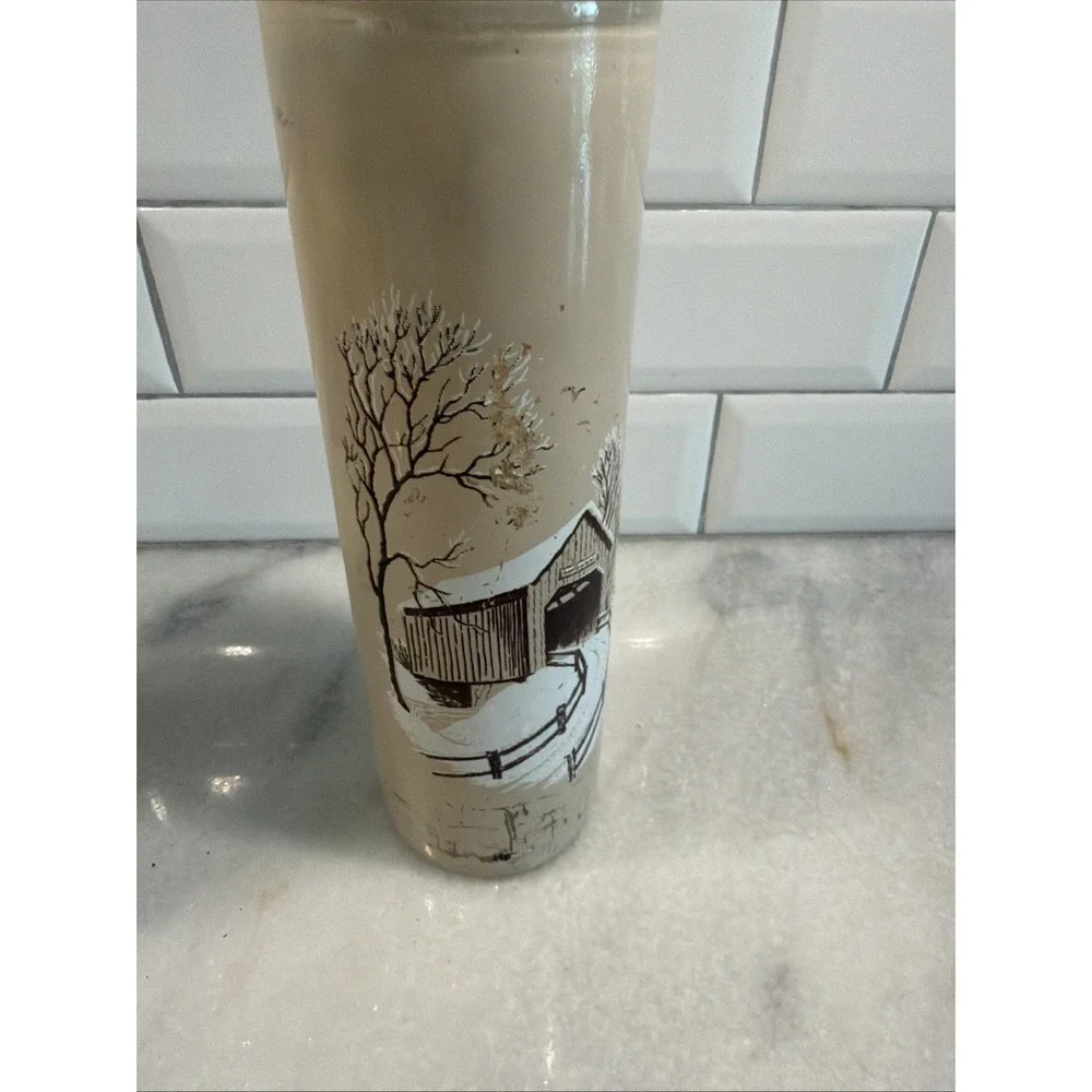 Vintage Set Of 2 Glass Pillar Candles Forest Covered Bridge Scenes